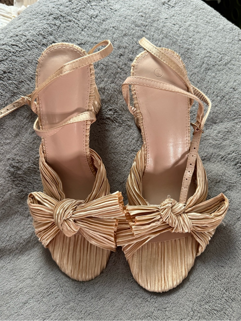 Pleated Bow with Ankle-Strap Block Heels in Champagne